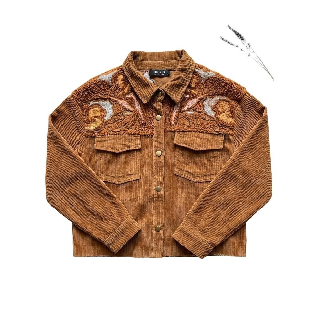 Blue B Collection Brown Corduroy Shacket Floral Embroidered Tapestry Yoke Large
